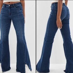 American Eagle Festival Flare Jeans Womens Size 10 Dark Wash Front Split Hem